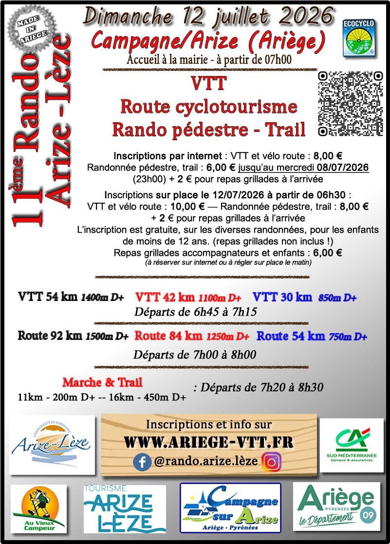 Affiche 11ème Rando Arize-Lèze, VTT, route cyclotourisme et rando pédestre