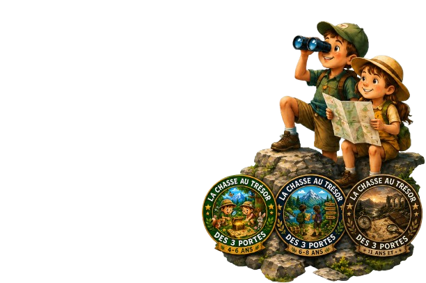 Les Petits Explorateurs de l'Ariège — deux enfants avec jumelles, carte et écussons